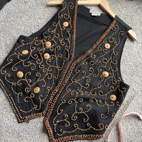 fiber optics Jackets & Blazers - Vintage Fiber Optics Beaded Wooden Button Vest | 90s Boho Festival | L